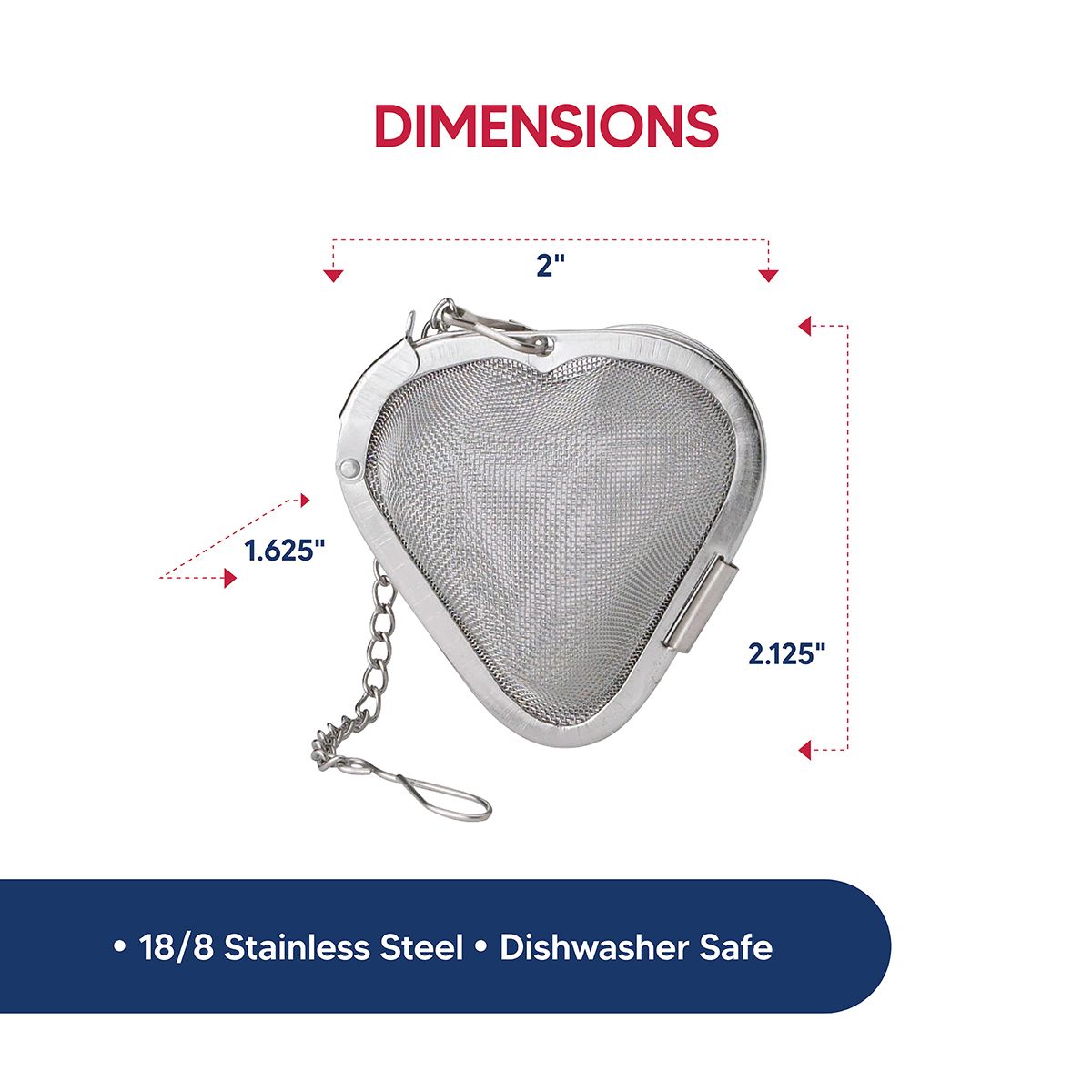 Heart-shaped stainless steel mesh tea infuser with dimensions