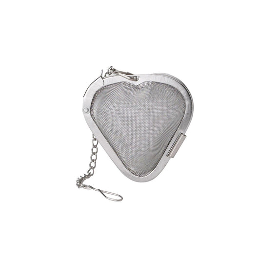 Heart-shaped stainless steel tea infuser on a white background