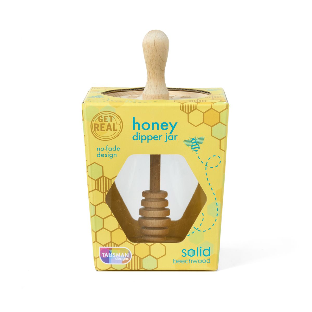 Honey dipper jar packaging with wooden handle on a white background