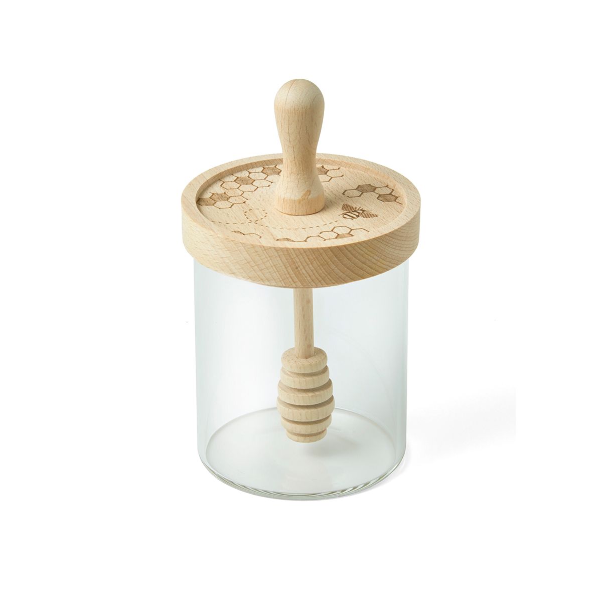 Glass jar with wooden lid and honey dipper on a white background