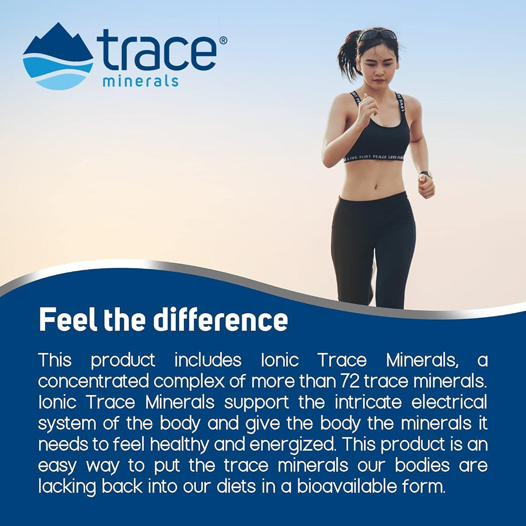 Advertisement for Trace Minerals with a woman exercising outdoors.