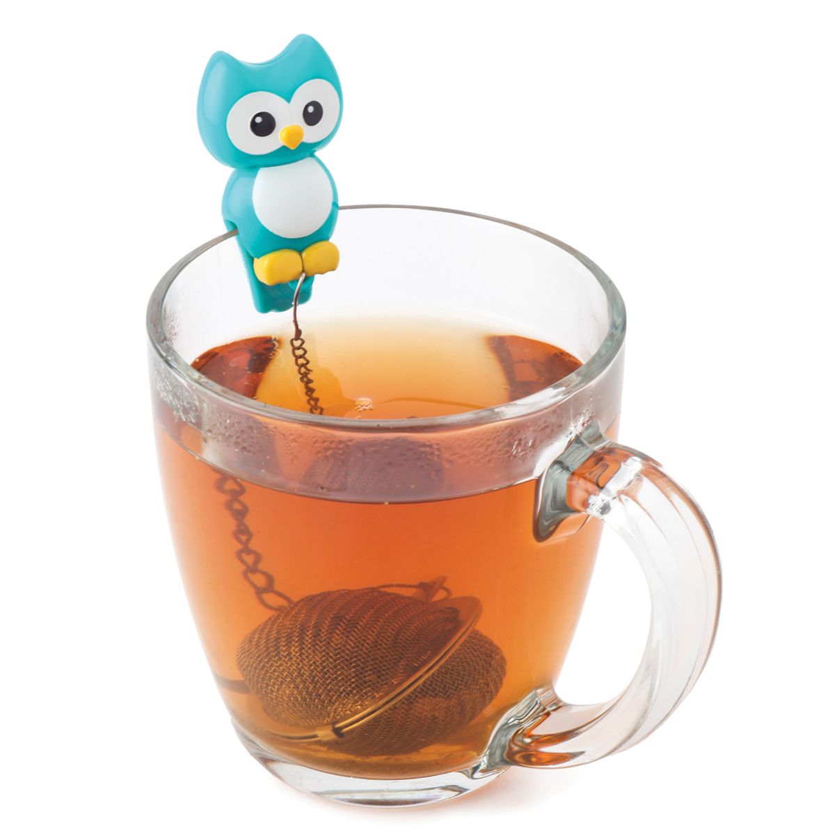 Tea cup with a blue owl-shaped tea infuser and a tea infuser.