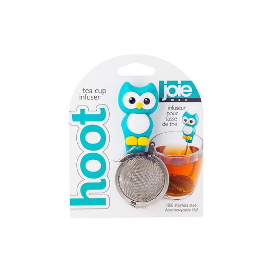 Joie hoot tea cup infuser packaging with owl design on a white background