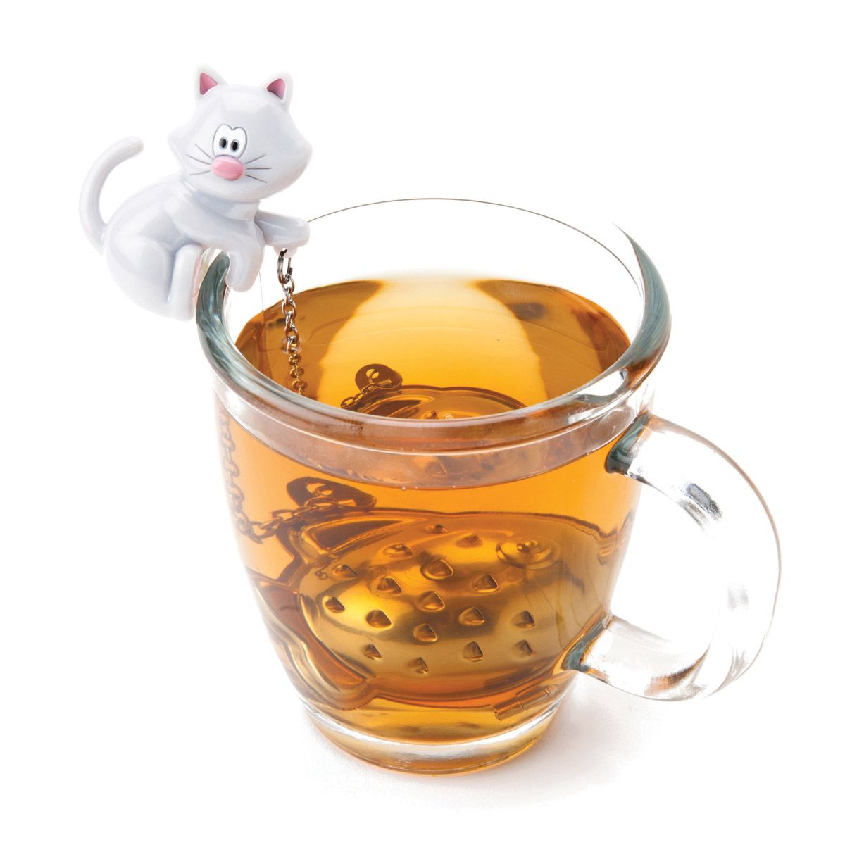 Glass mug with tea and a cat-shaped tea infuser on a white background