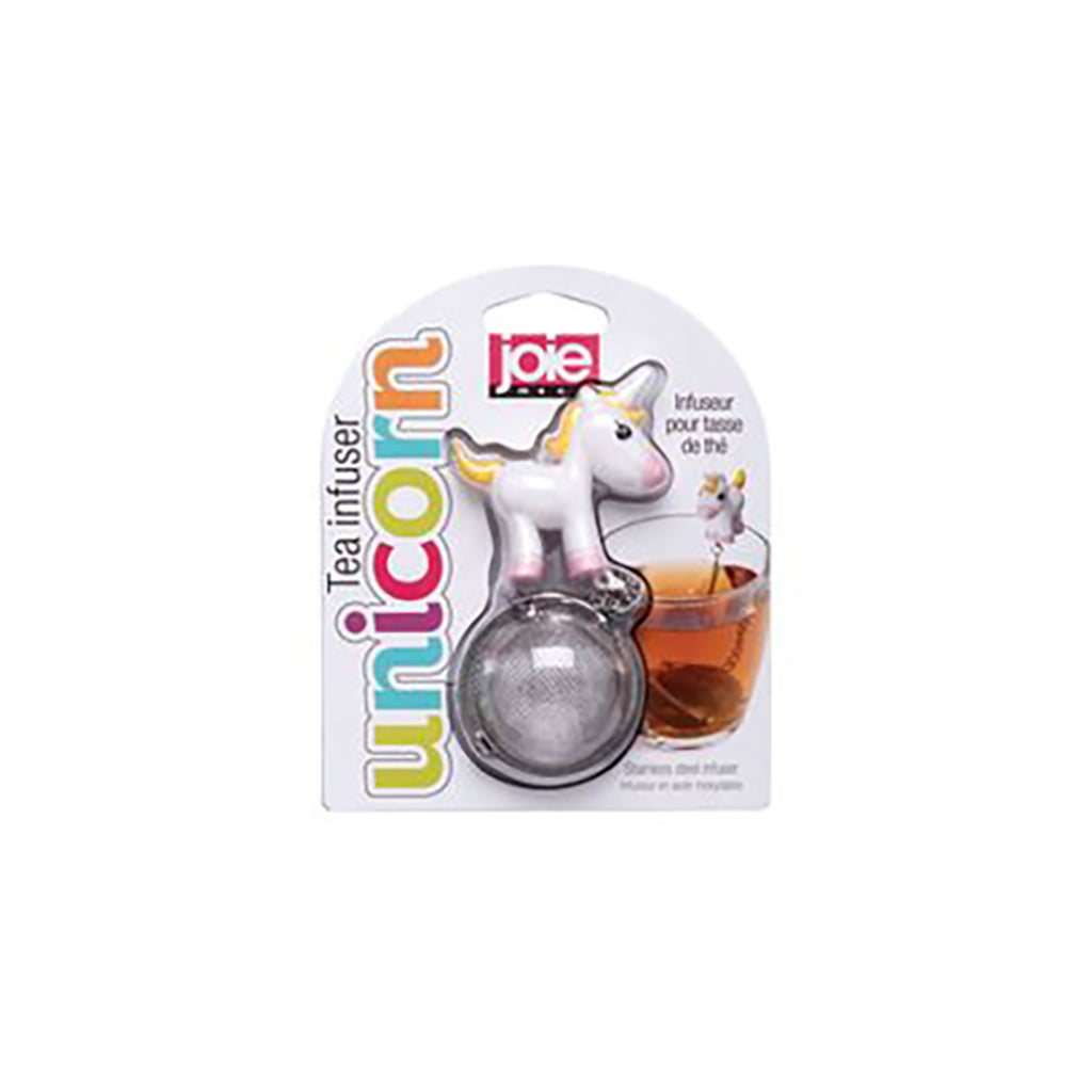 Joie Unicorn tea infuser on packaging with a cup of tea in the background