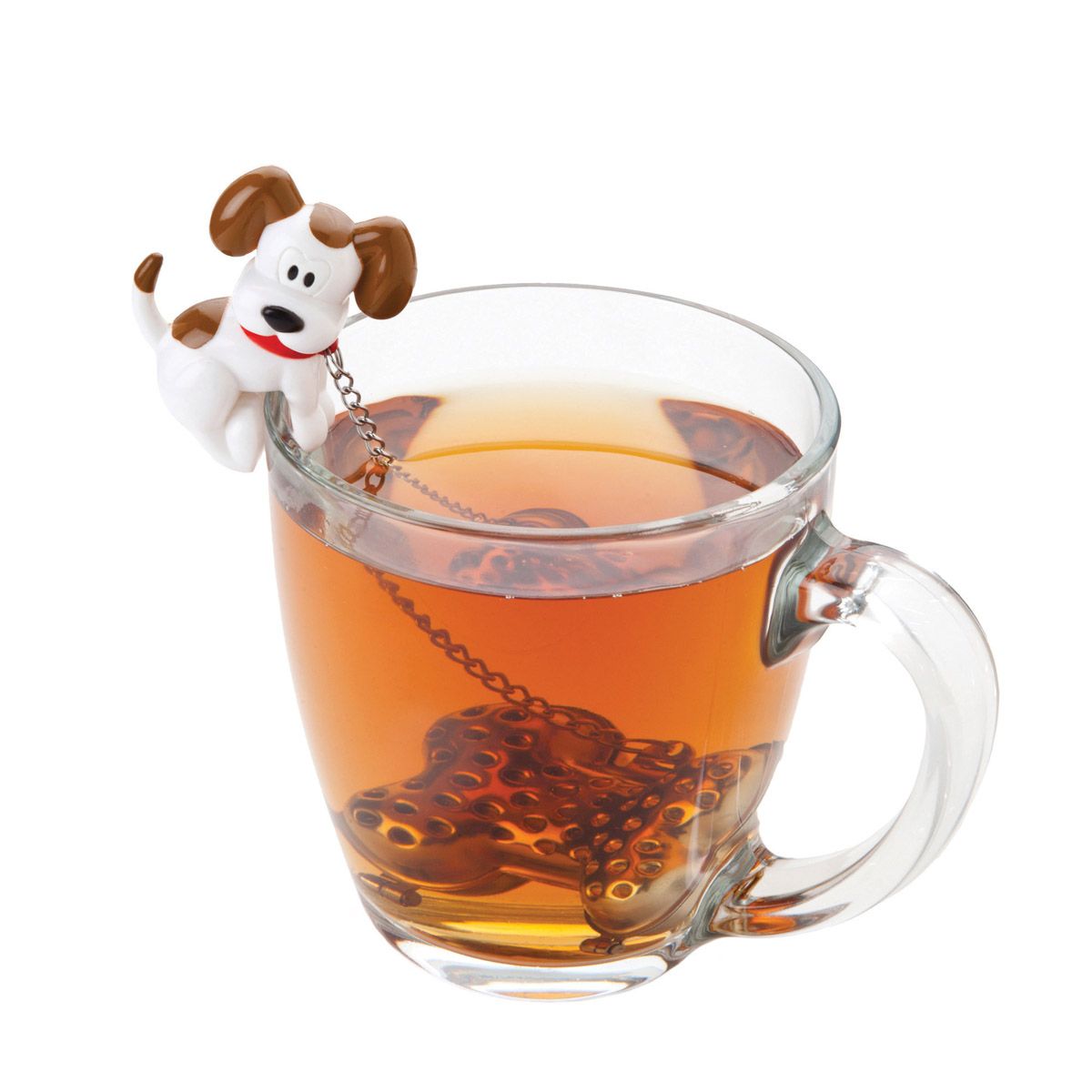 Clear glass mug with tea and a dog-shaped tea bag infuser with a bone on a chain