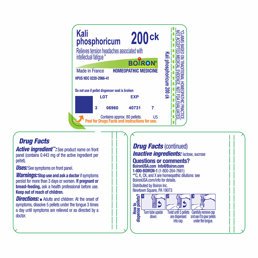 A Boiron Kali phosphoricum 200ck homeopathic medicine blister card with two blue-and-white instruction panels below, on a white background.