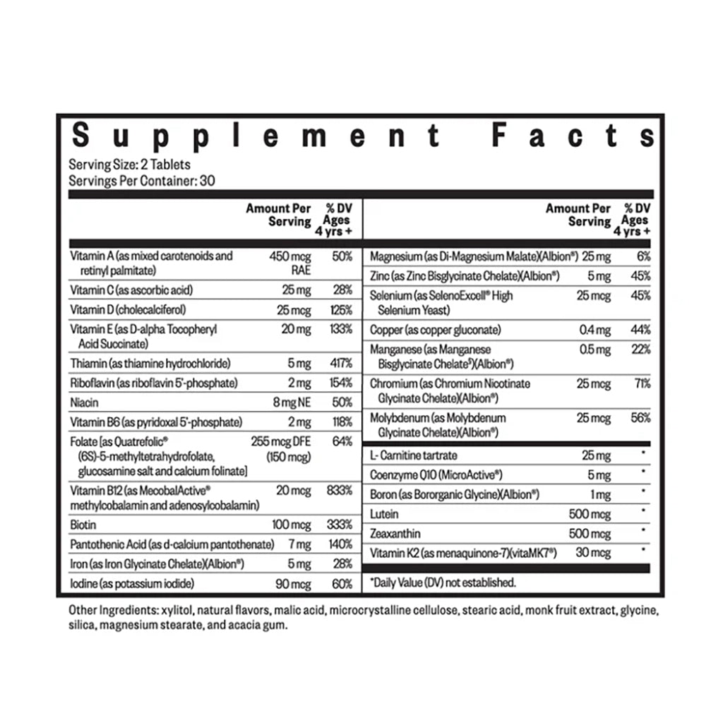 Supplement facts label for Kids Multivitamin with detailed nutritional information on a white background