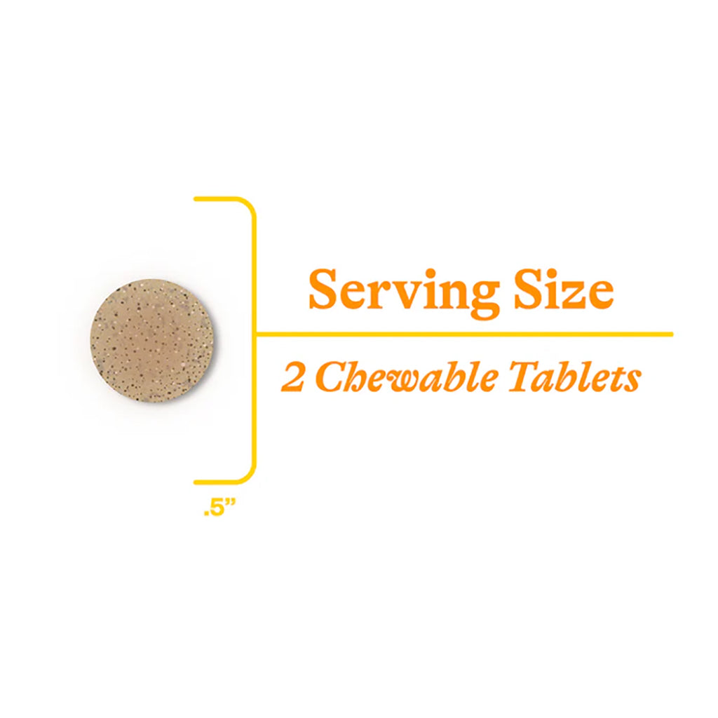 Illustration of a chewable tablet with text indicating serving size on a white background