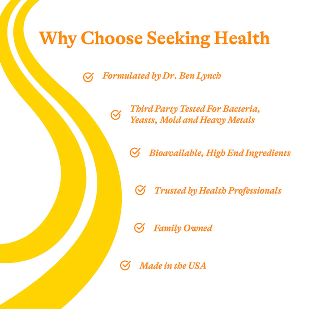 Promotional text about 'Seeking Health' product with a yellow curved line on a white background.