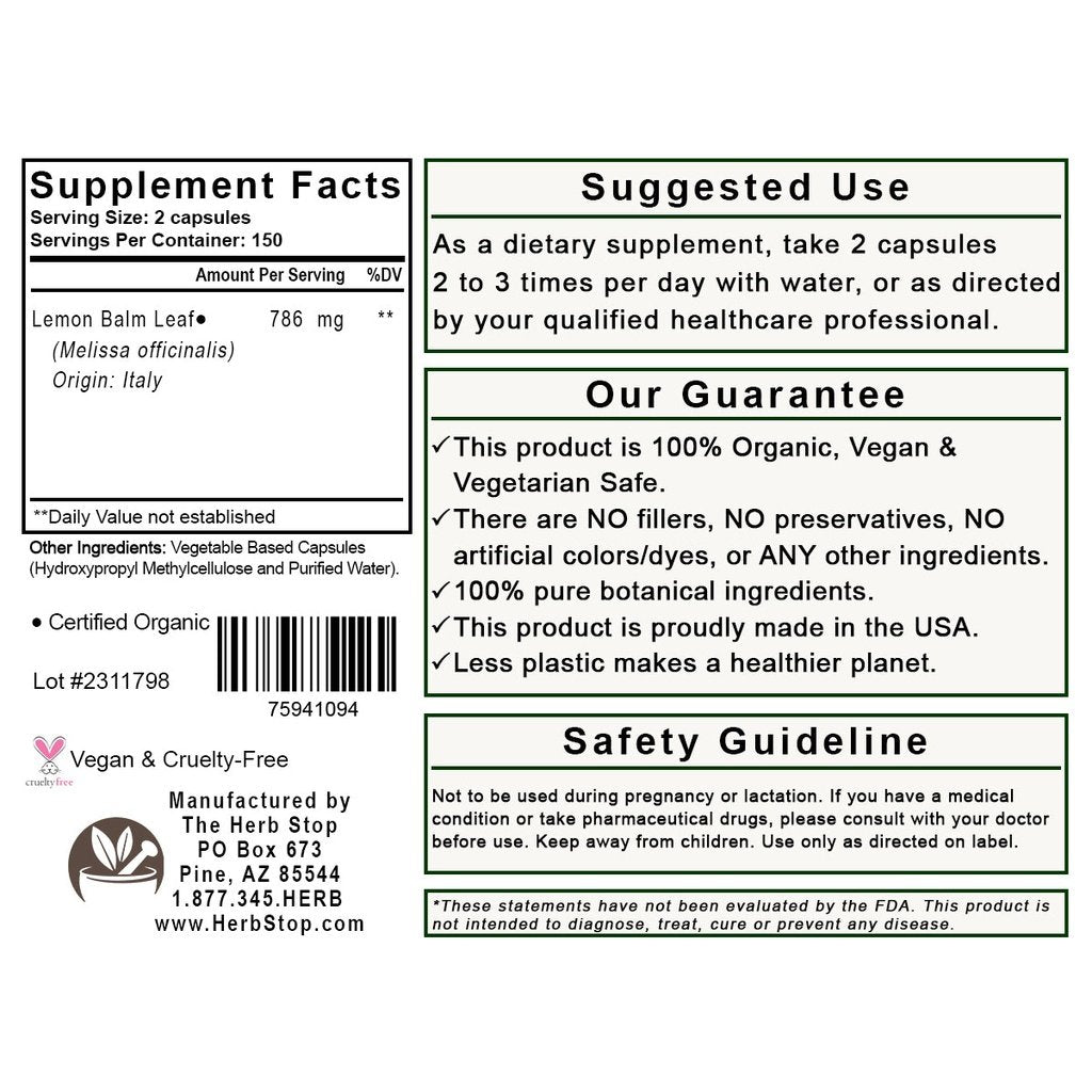 Lemon Balm Leaf Capsules Label - Back