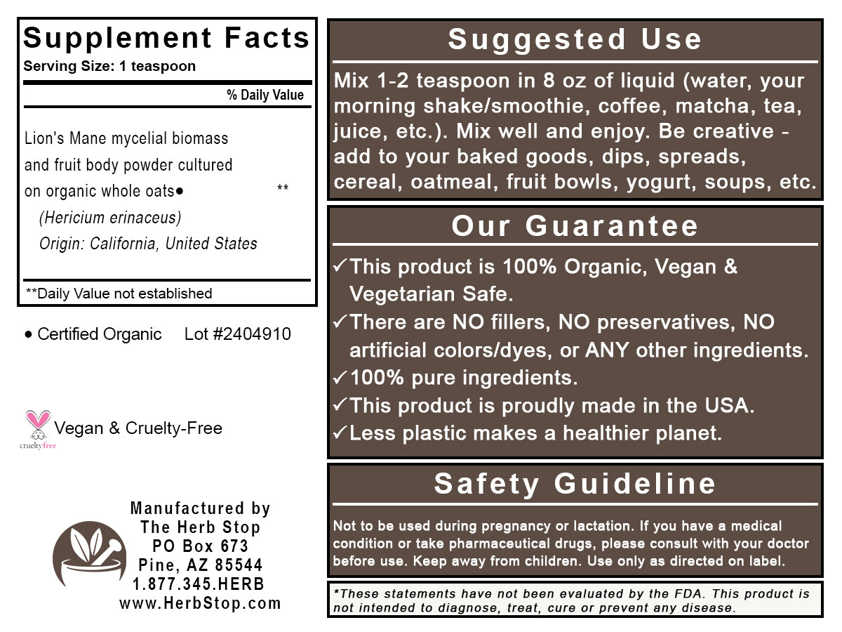 Organic Lion's Mane Mushroom Powder - Back Label