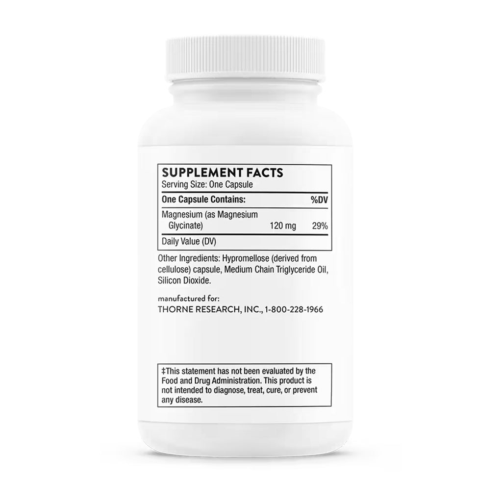 Thorne Magnesium Glycinate supplement bottle shown from the back, featuring a black printed 'Supplement Facts' label with text detailing magnesium content and manufacturer information for Thorne Research.