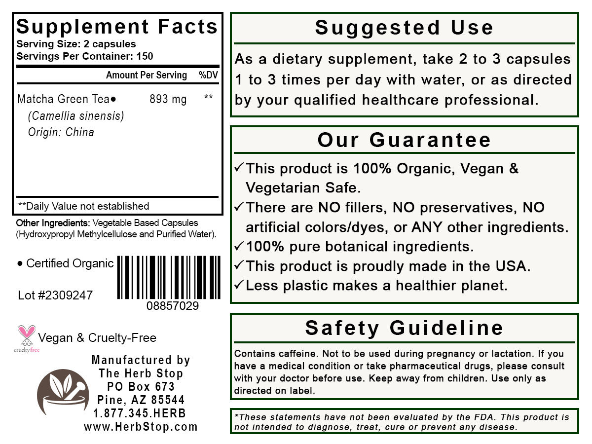 Matcha Green Tea Capsules Label - Back