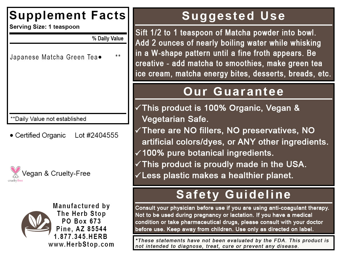 Organic Matcha Green Tea Powder - Back Label