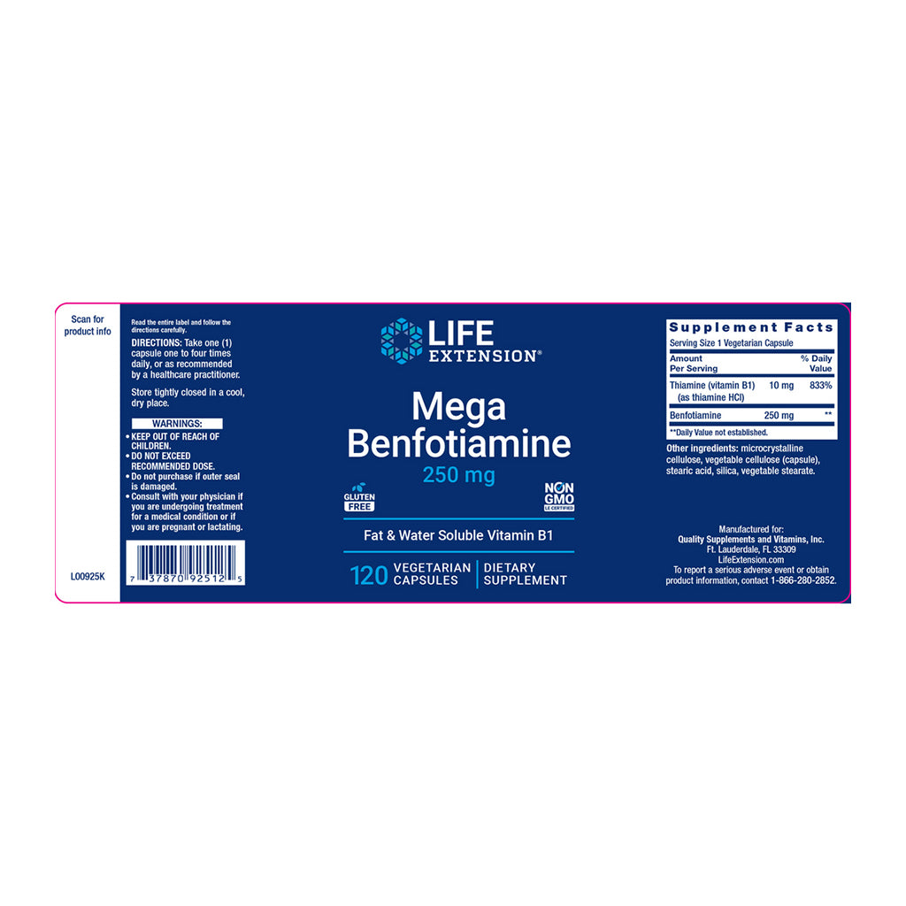 Label of Mega Benfotiamine - Vitamin B1 by Life Extension
