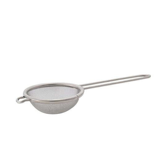 Metal mesh tea strainer with handle on a white background