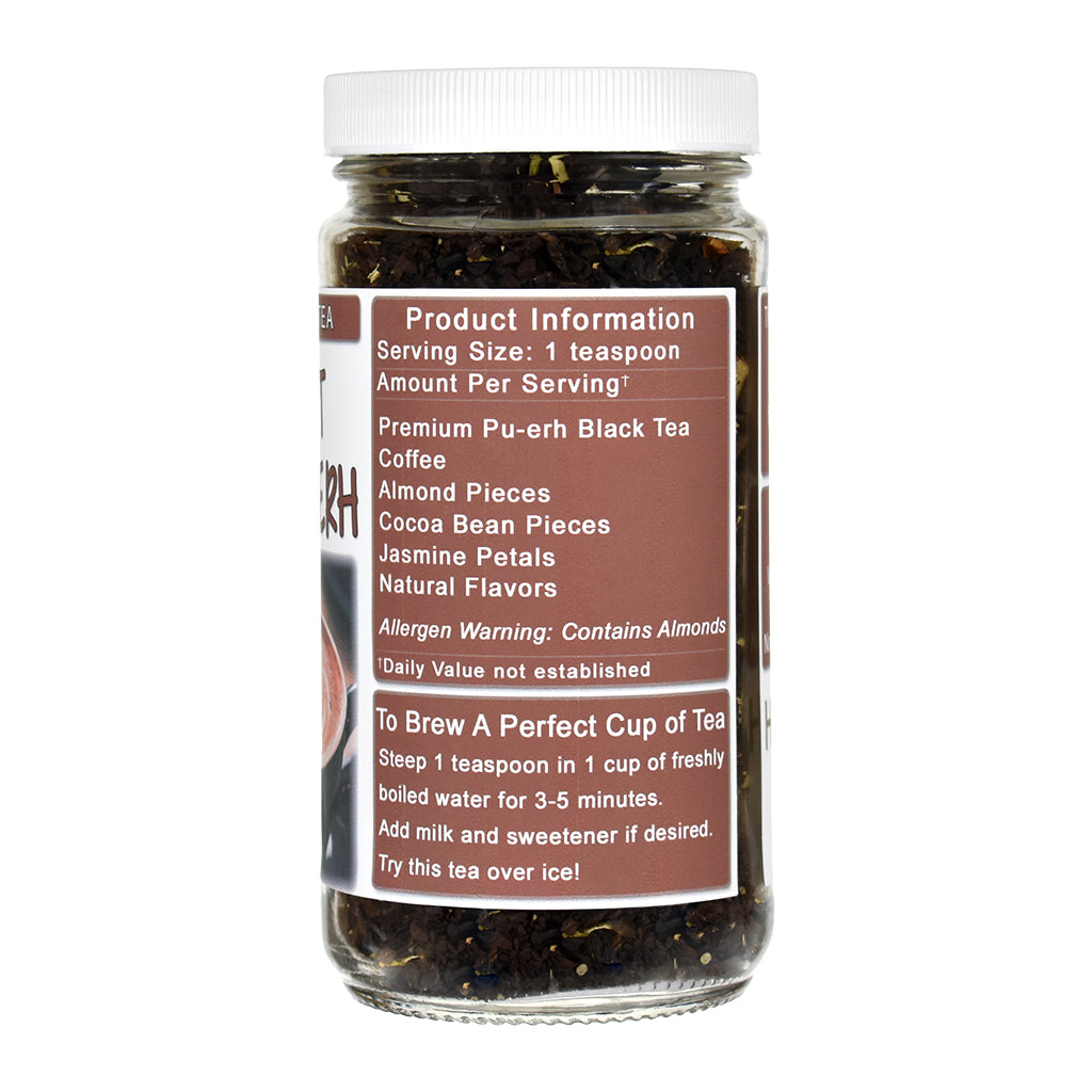 Jar of Midnight Mocha Pu-Erh Black Tea with a label on a white background