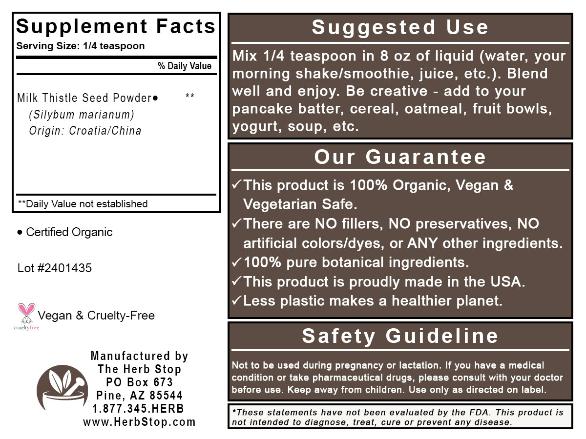 Organic Milk Thistle Seed Powder Label - Back