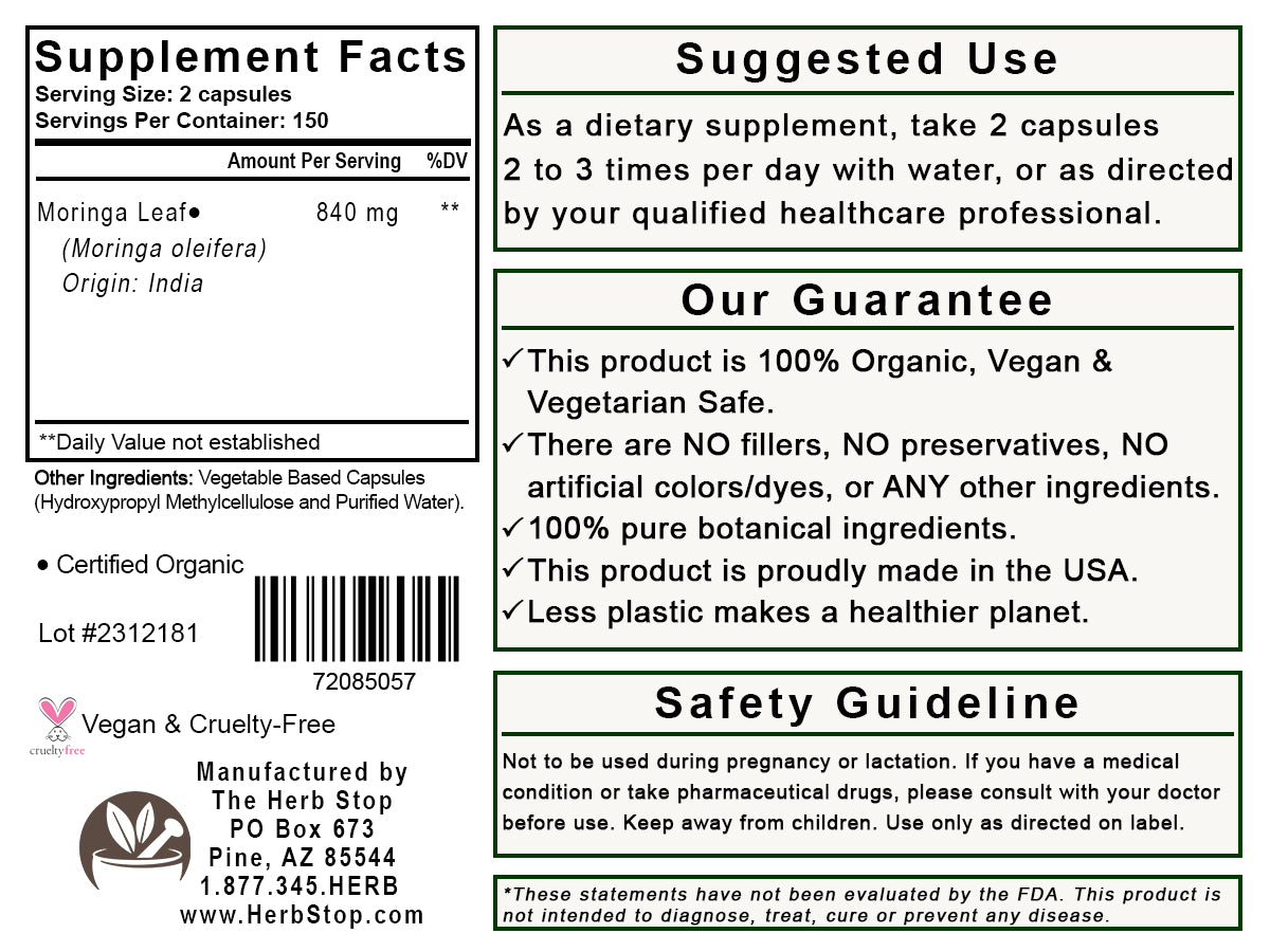 Organic Moringa Leaf Capsules Label - Back