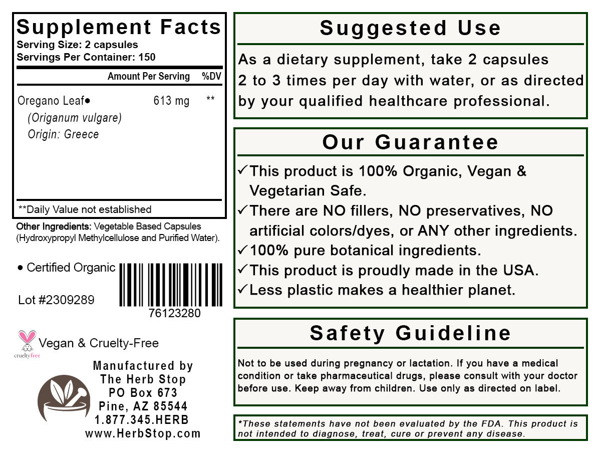 Oregano Leaf Capsules Label - Back