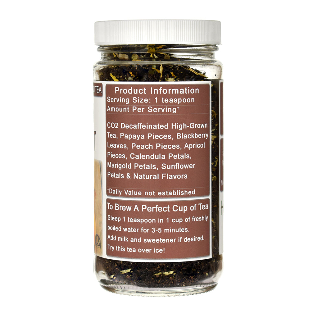 Jar of Peach Apricot Decaffeinated Black Tea tea with product information label on a white background