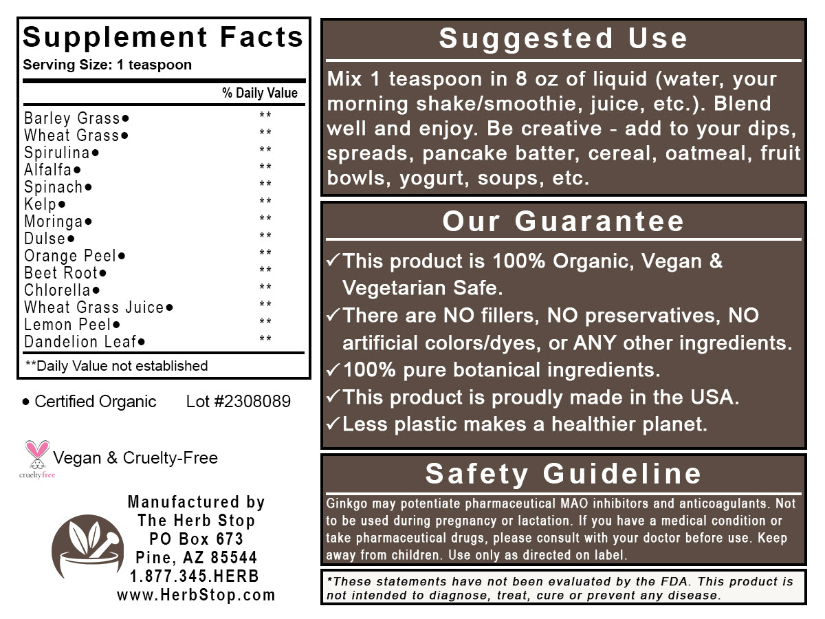 Organic Power Greens Powder Label - Back
