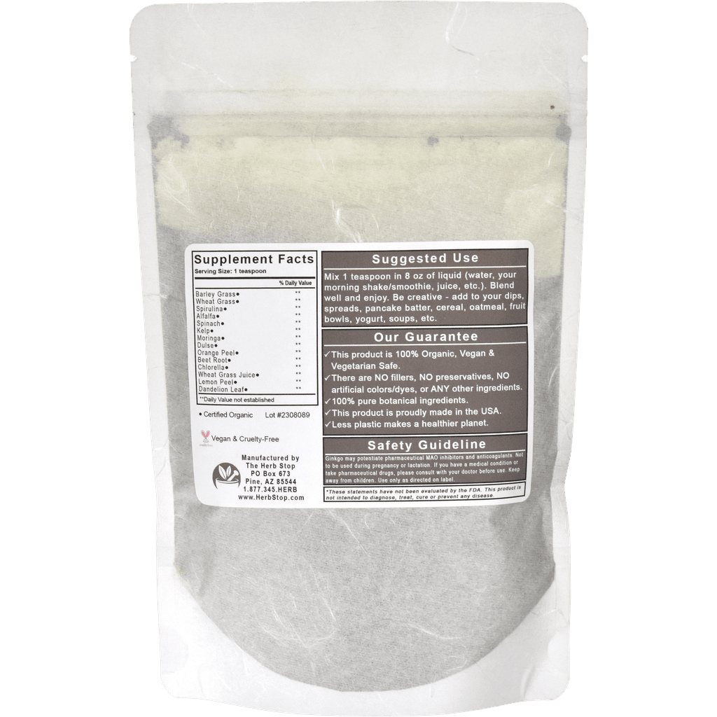 Organic Power Greens Powder Bag Back