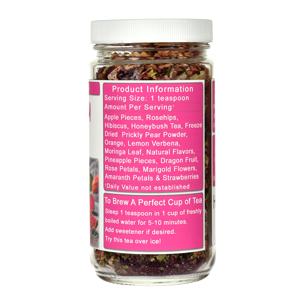 Jar of Prickly Pear Herb & Fruit Tea with a pink label on a white background