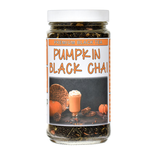 Jar of Pumpkin Black Chai loose leaf tea on a white background