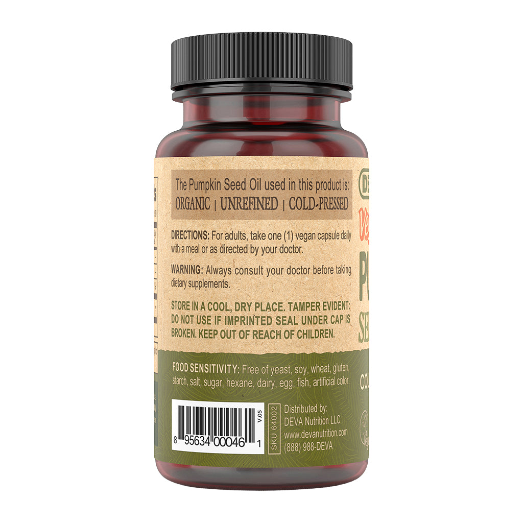 Deva Pumpkin Seed Oil supplement bottle with label on a white background