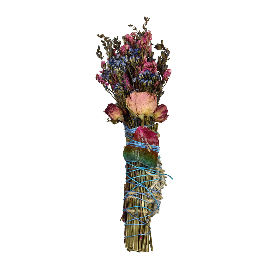 Rainbow Aura Quartz smudge stick with white sage, lavender, pink roses, and blue florals wrapped in twine