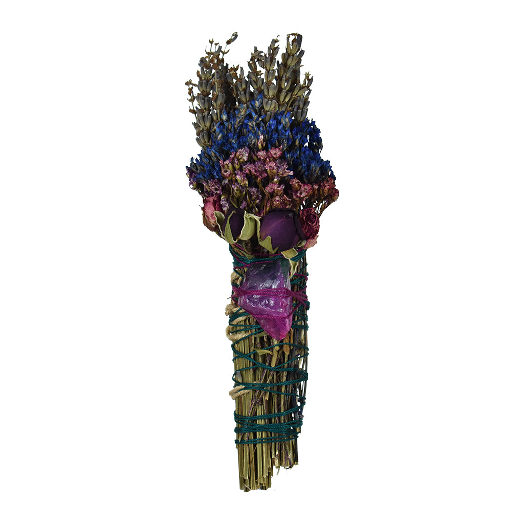 Handcrafted Rainbow Aura Quartz Smudge Stick with lavender, white sage, dried roses, and a purple-blue crystal tied with blue-green twine