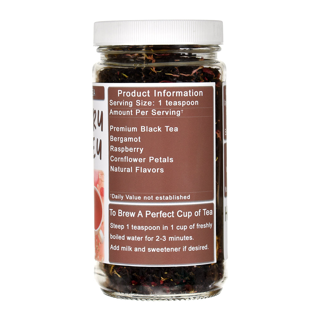Jar of Raspberry Earl Grey black tea with a label on a white background