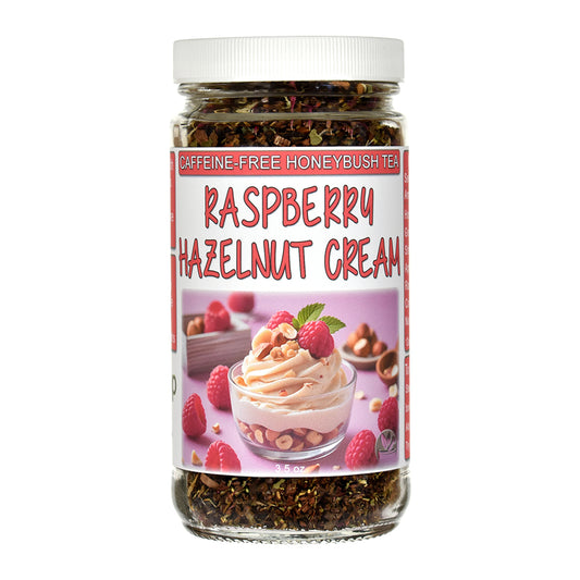 Raspberry Hazelnut Cream flavored loose leaf honeybush tea in a glass jar
