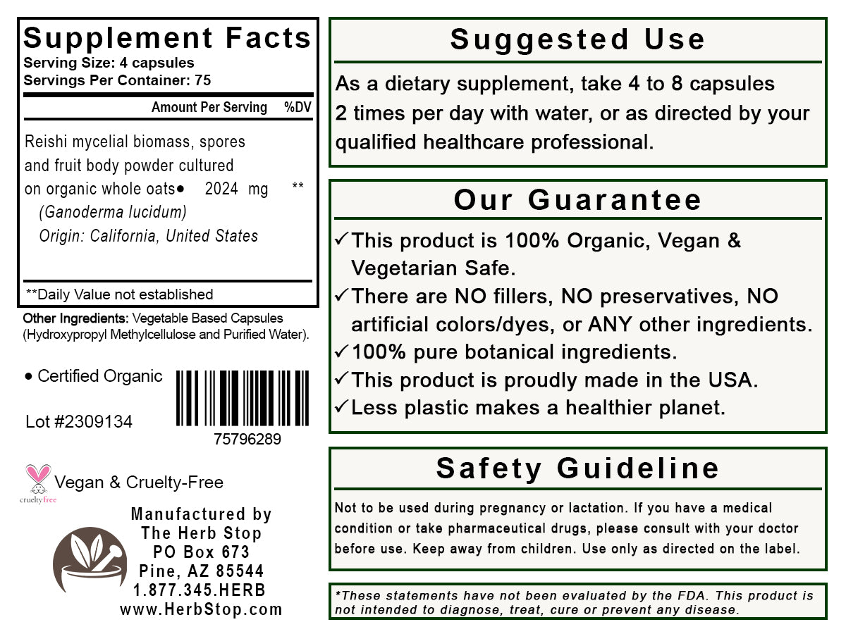 Reishi Mushroom Capsules Label - Back