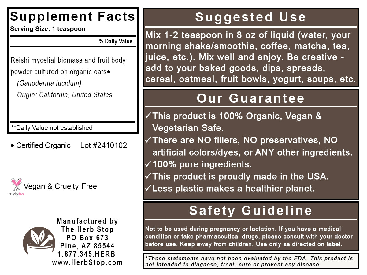 Organic Reishi Mushroom Powder - Back Label