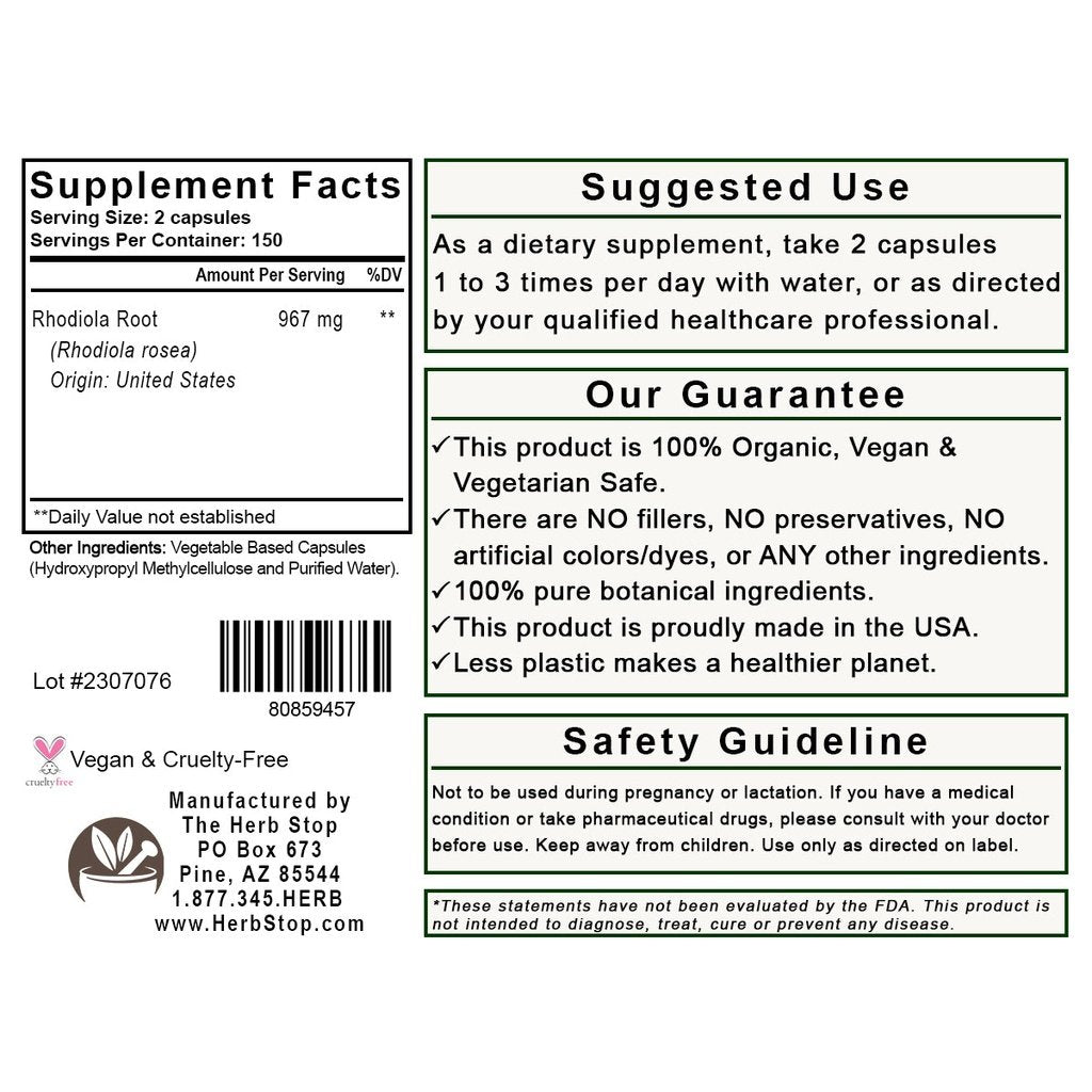 Rhodiola rosea Capsules Label - Back