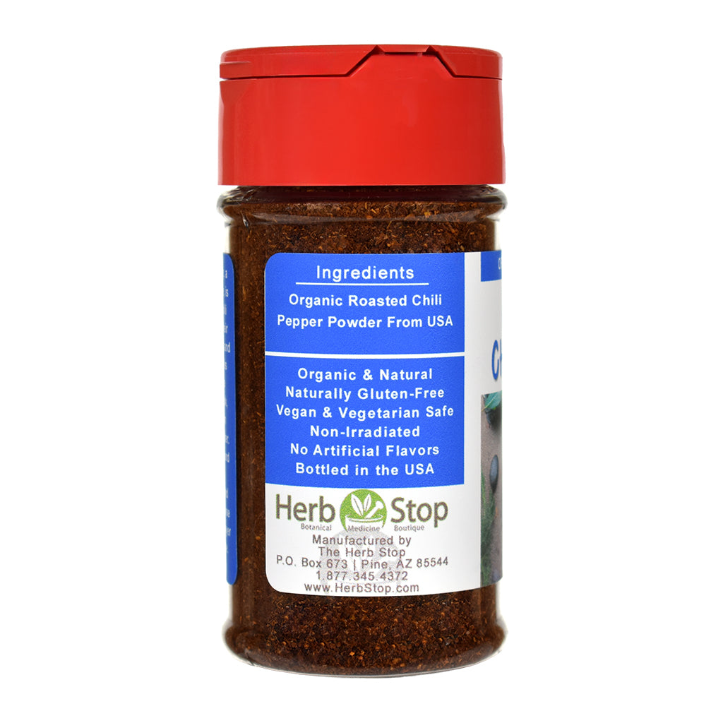 Roasted Chili Pepper powder spice jar with red lid and blue label on a white background