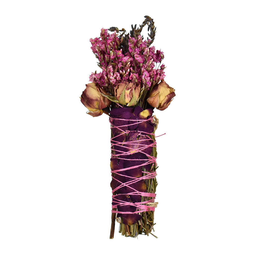 Handcrafted Rose Smudge Stick with lavender, rosemary, white sage, mint, dried roses, and rose petals wrapped with pink twine