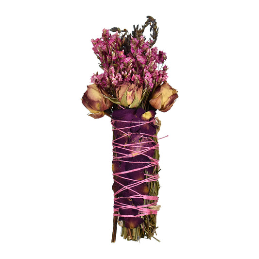 Handcrafted Rose Smudge Stick with lavender, rosemary, white sage, mint, dried roses, and rose petals wrapped with pink twine