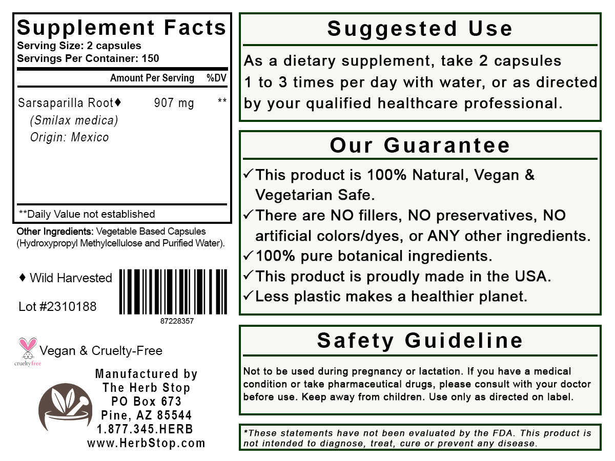 Sarsaparilla Root Capsules Label - Back