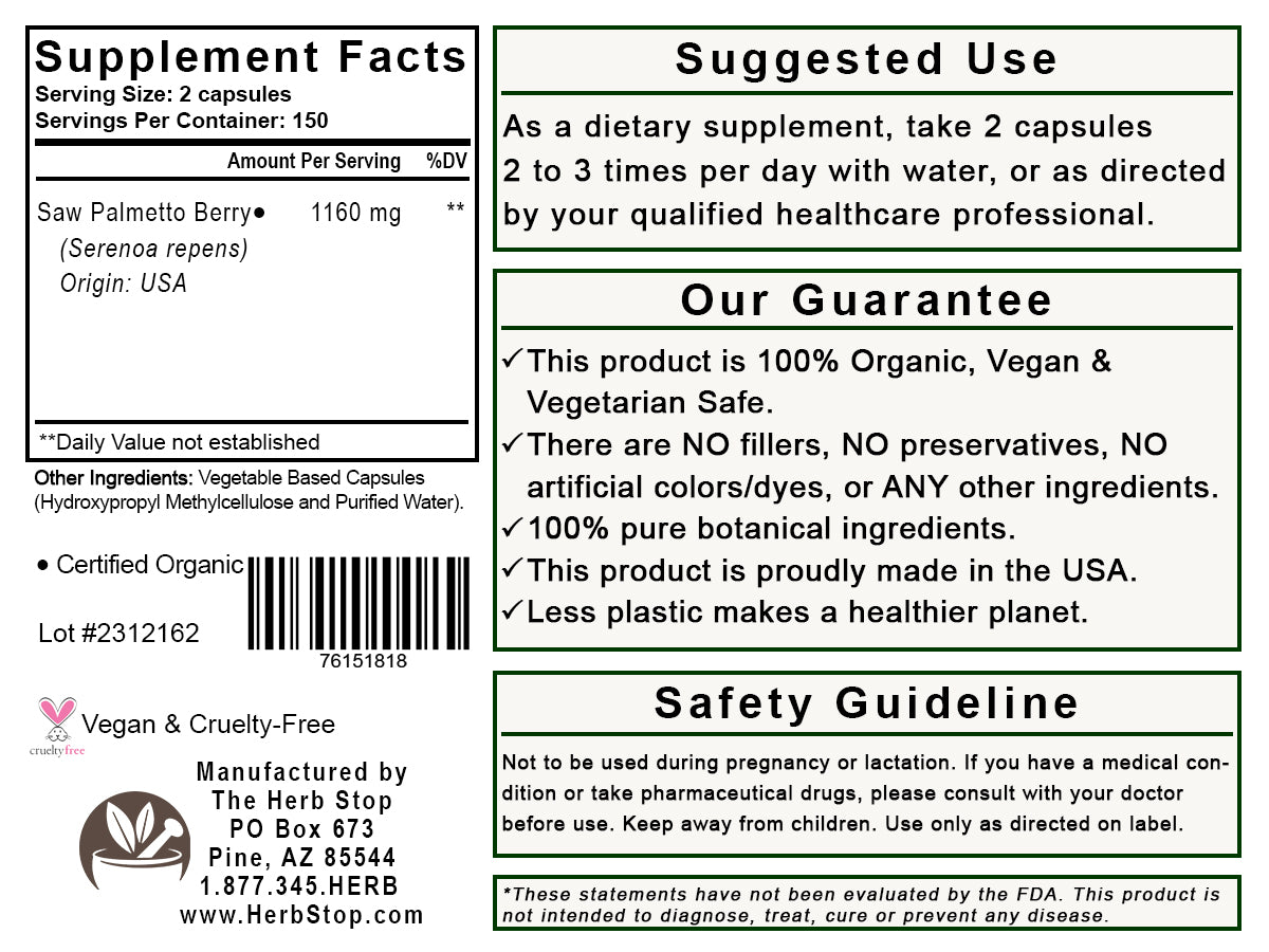 Saw Palmetto Capsules Label - Back