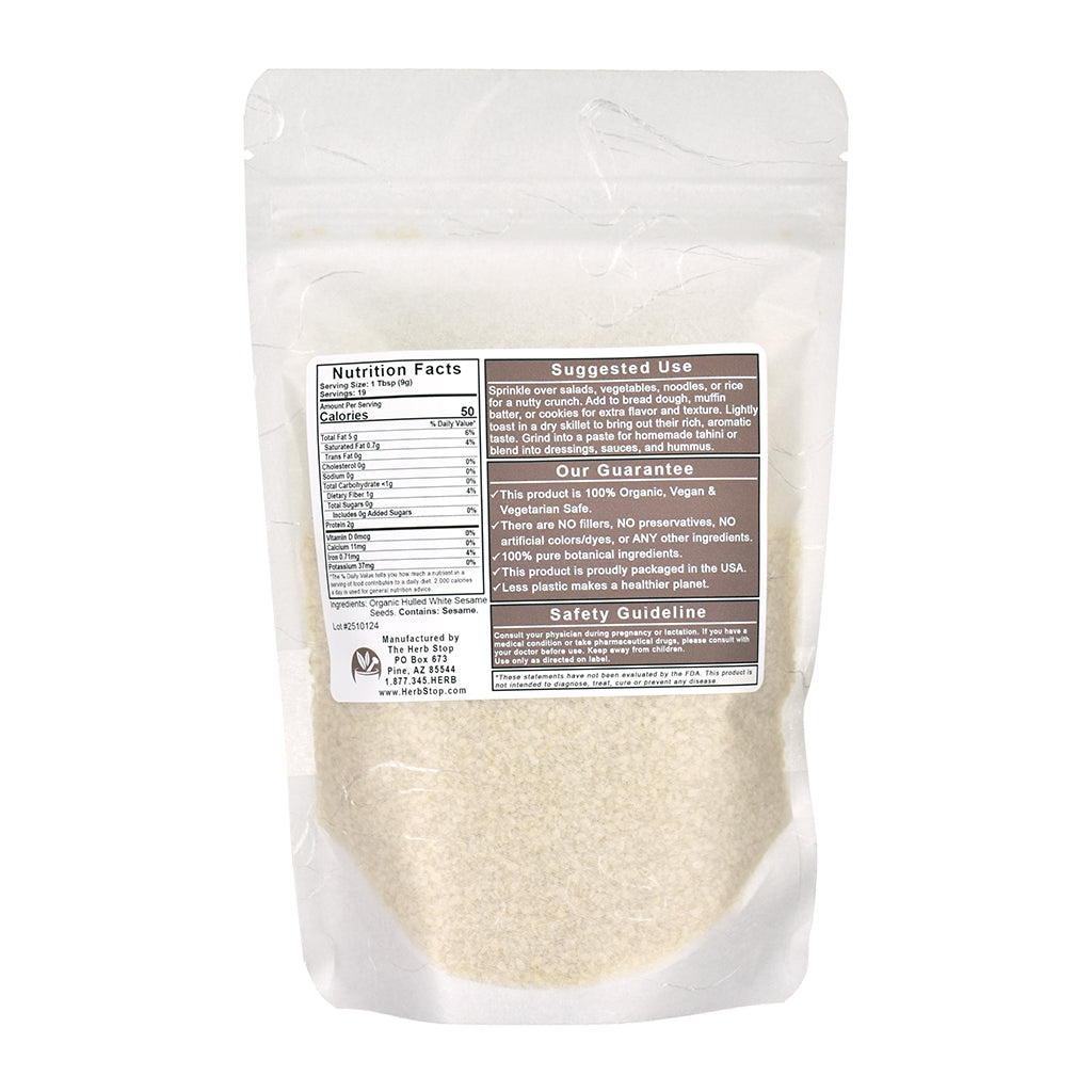 Organic Sesame Seeds in a bag on a white surface