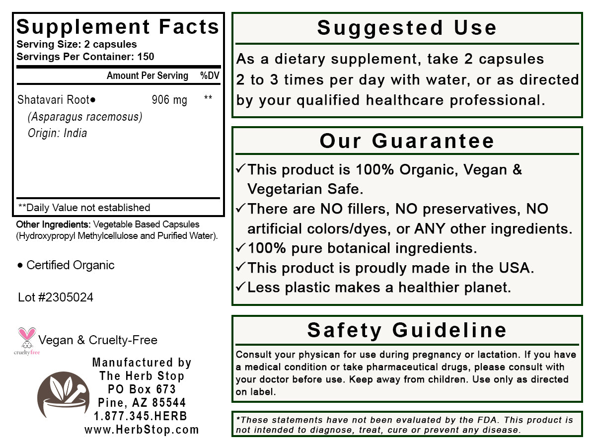 Shatavari Root Capsules Label - Back