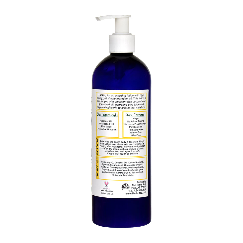 Simply Pure Lotion in a blue bottle with a label on a white background