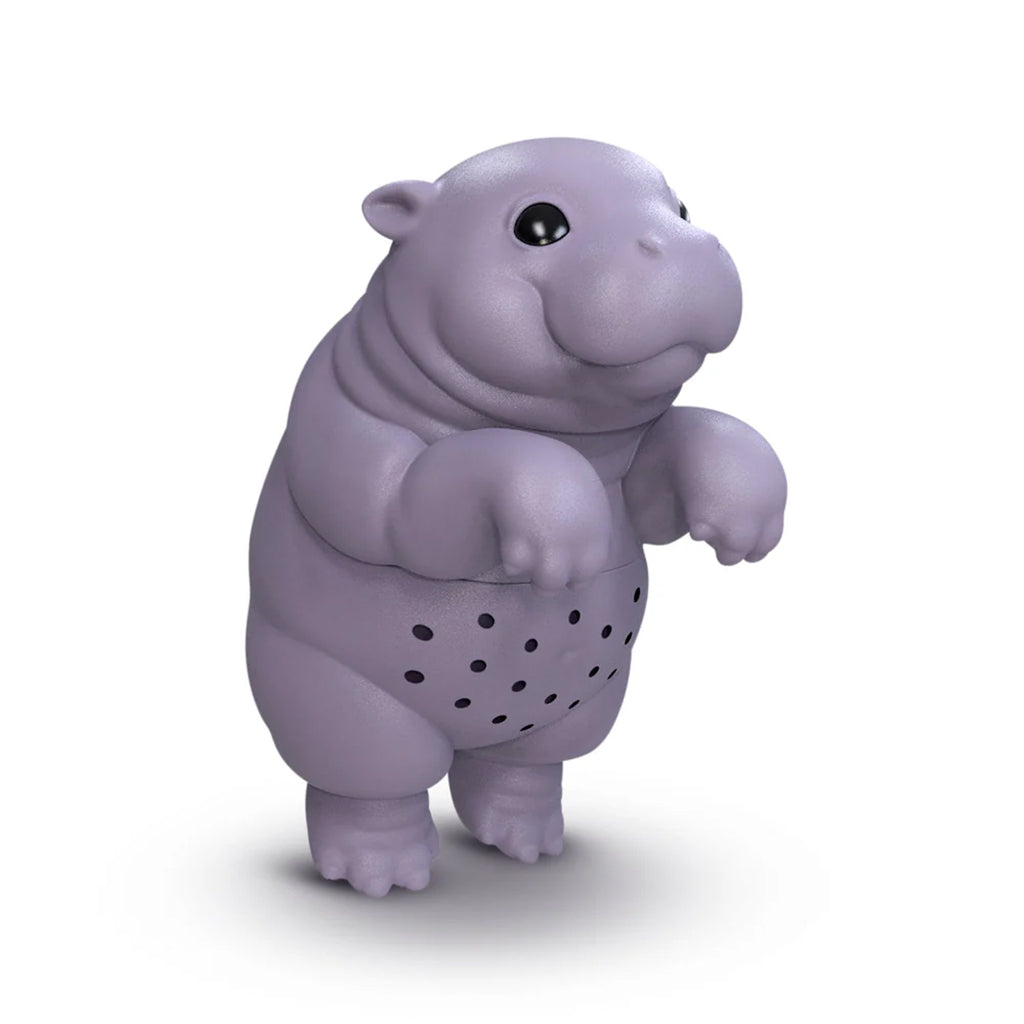 Purple hippo-shaped tea infuser on a white background