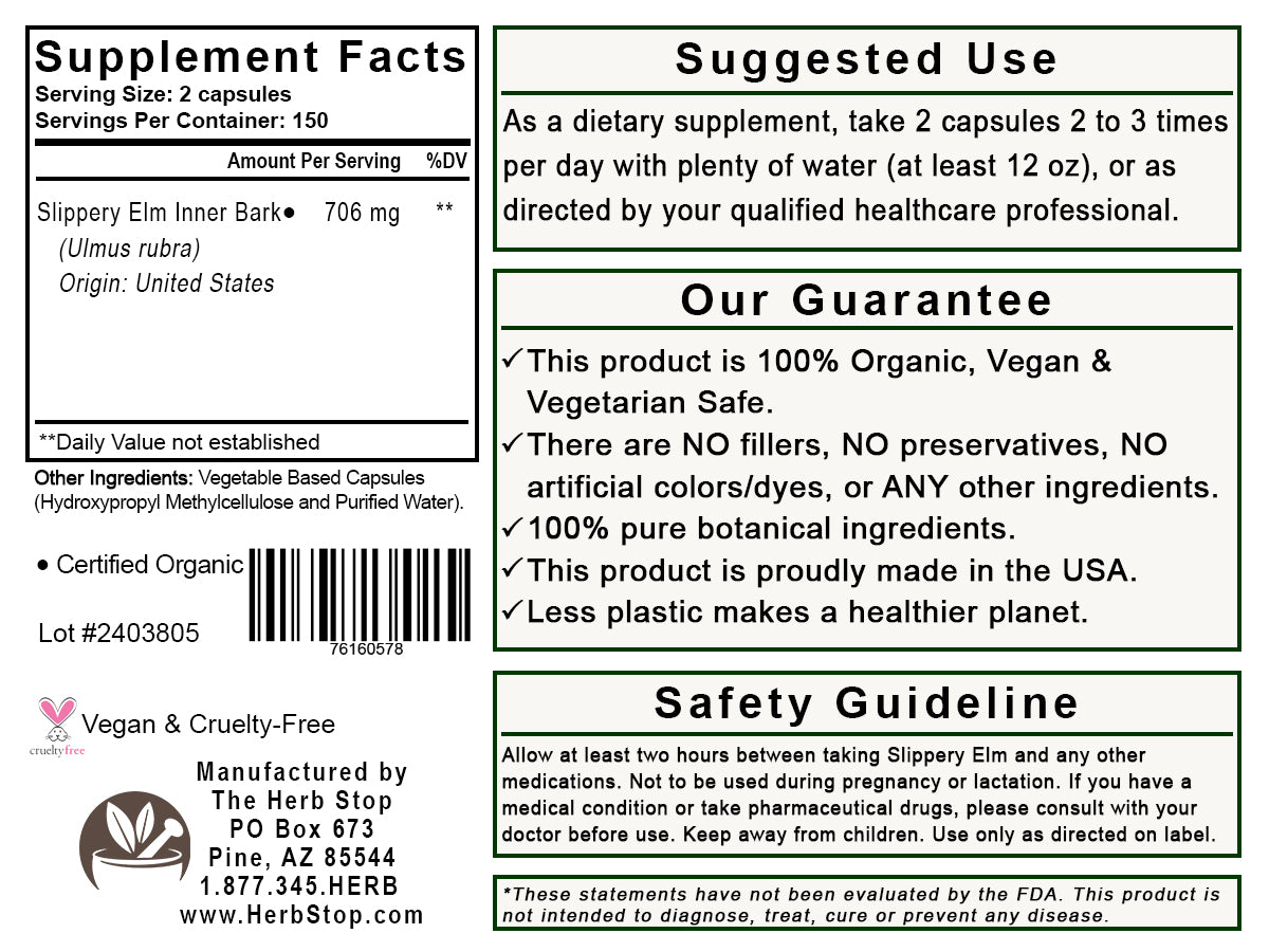 Organic Slippery Elm Capsules Label - Back