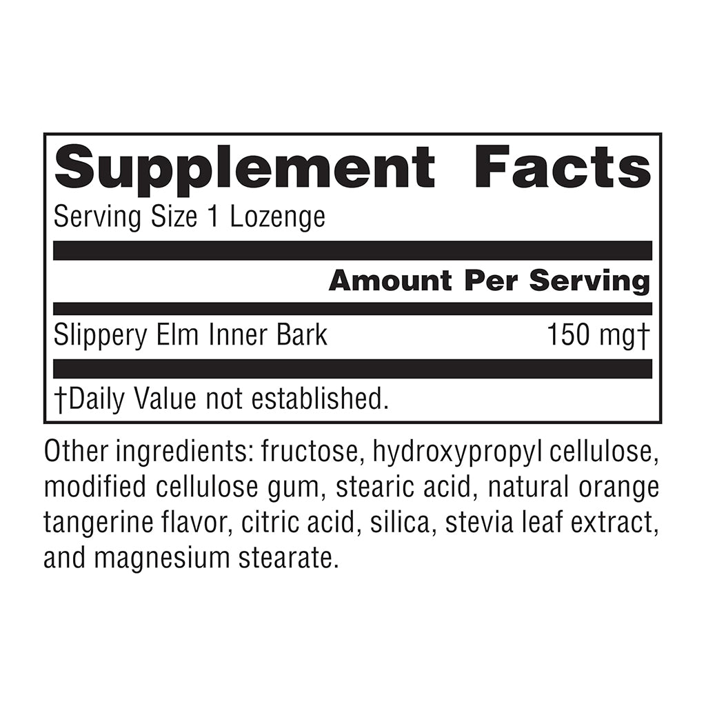 Supplement facts label for Slippery Elm Lozenges with slippery elm inner bark on a white background