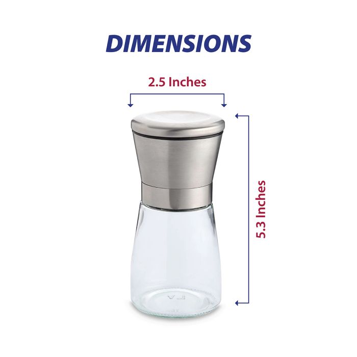 Glass spice container with silver grinder lid and dimensions labeled on a white background
